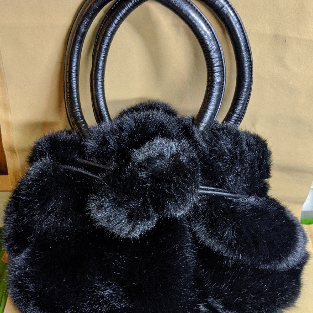 Jayley Black Faux Fur Cinch Hand Bag With Pompons